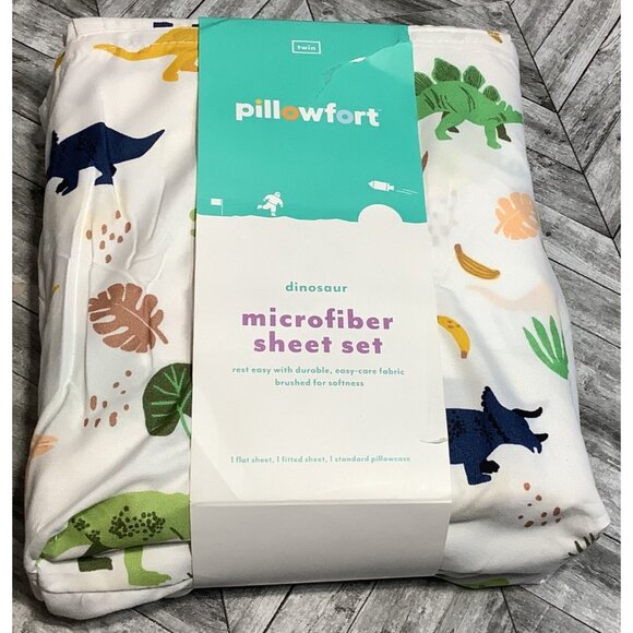 Pillowfort Dinosaur Microfiber Sheet Set Twin Size Flat Fitted Sheet Pillowcase - Picture 4 of 7